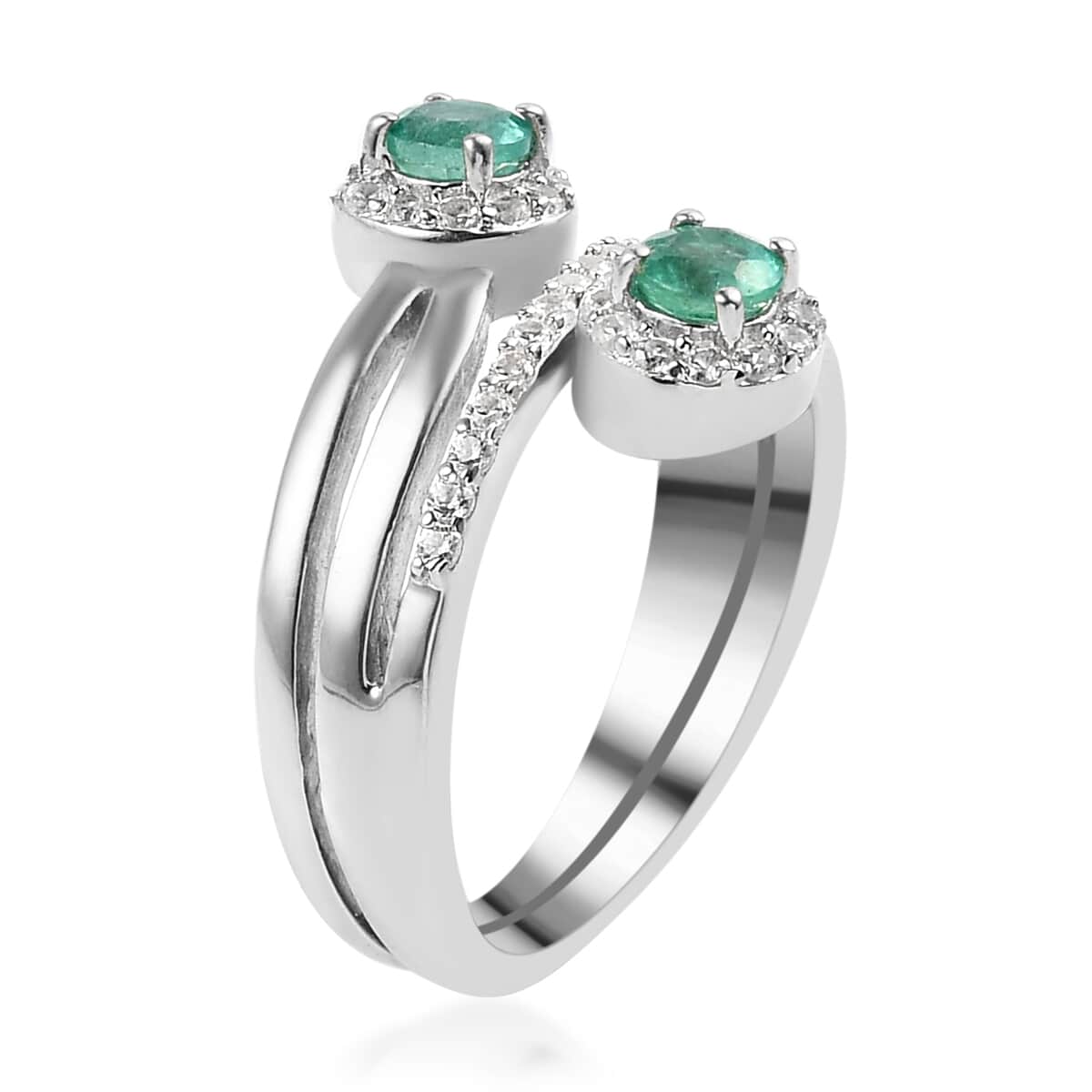 AAA Kagem Zambian Emerald and Natural White Zircon Bypass Ring in Platinum Over Sterling Silver 1.00 ctw image number 3