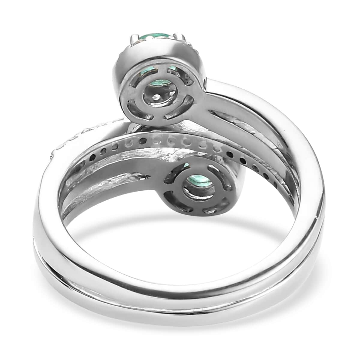 AAA Kagem Zambian Emerald and Natural White Zircon Bypass Ring in Platinum Over Sterling Silver 1.00 ctw image number 4