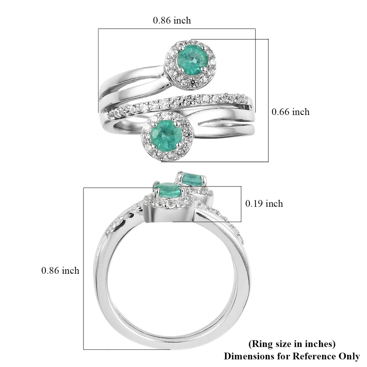 AAA Kagem Zambian Emerald and Natural White Zircon Bypass Ring in Platinum Over Sterling Silver (Size 6.0) 1.00 ctw image number 5