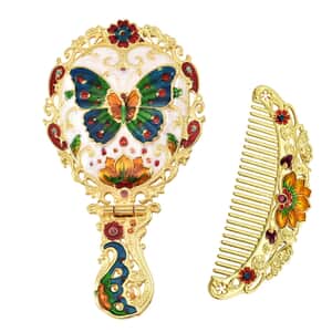 Butterfly Pattern Portable Cosmetic Mirror and Comb Set in Goldtone