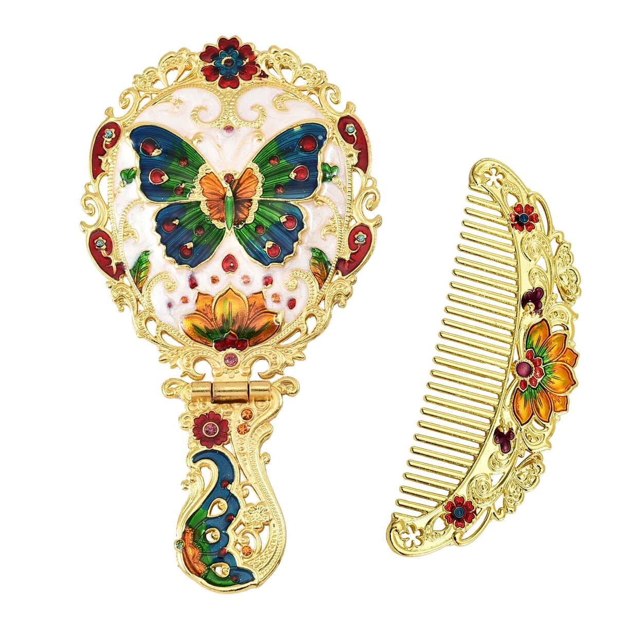 Butterfly Pattern Portable Cosmetic Mirror and Comb Set in Goldtone image number 0