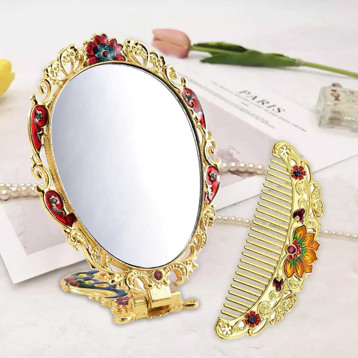 Butterfly Pattern Portable Cosmetic Mirror and Comb Set in Goldtone image number 1