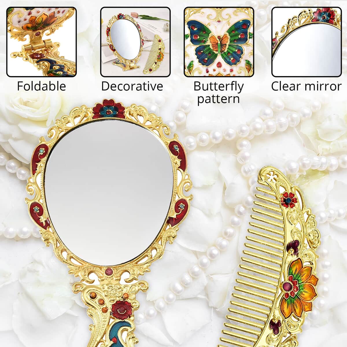 Butterfly Pattern Portable Cosmetic Mirror and Comb Set in Goldtone image number 2