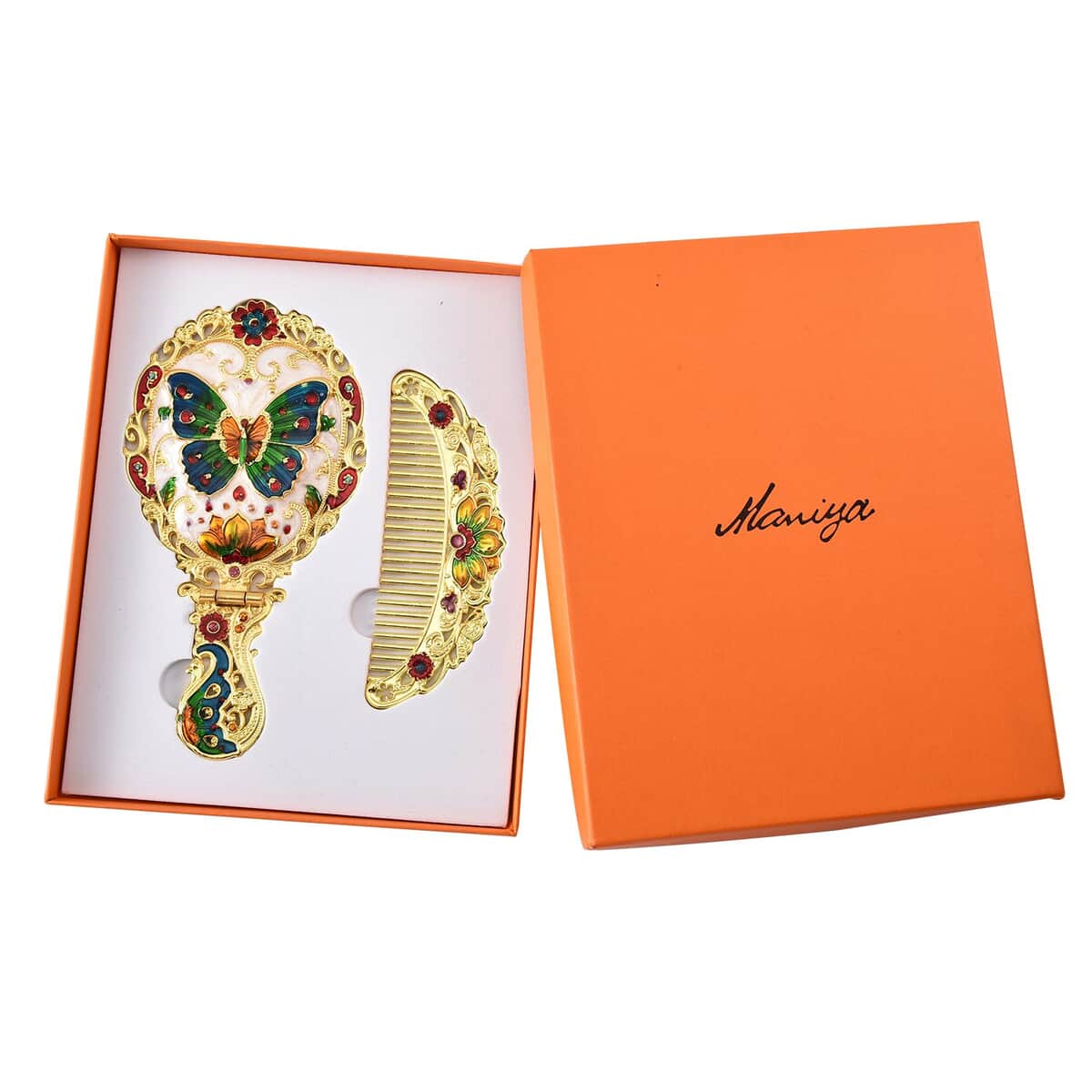 Beautech Multi Color Enameled Butterfly Pattern Portable Cosmetic Mirror and Comb Set in Gold image number 6