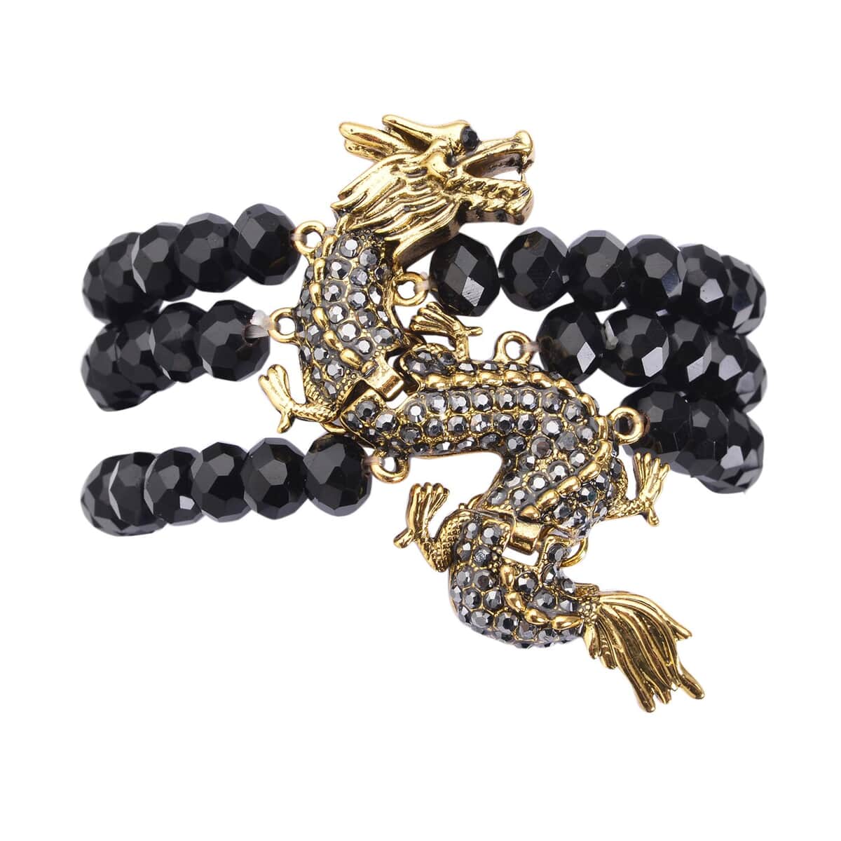 Black Glass, Black and Grey Austrian Crystal Beaded Layered Dragon Bracelet in Goldtone (7.50 In) image number 0