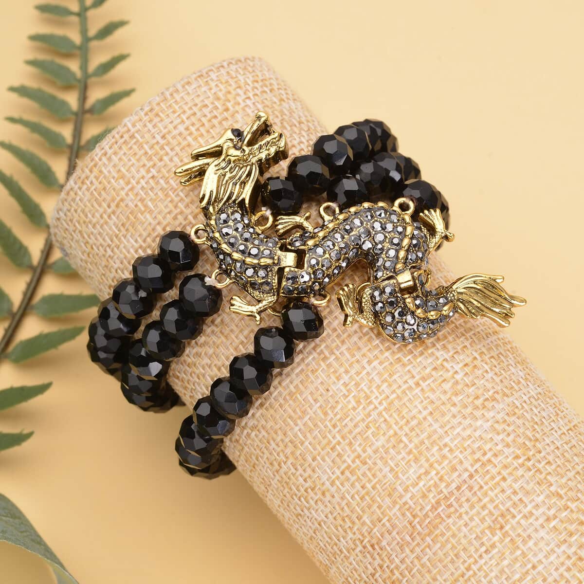 Black Glass, Black and Grey Austrian Crystal Beaded Layered Dragon Bracelet in Goldtone (7.50 In) image number 1