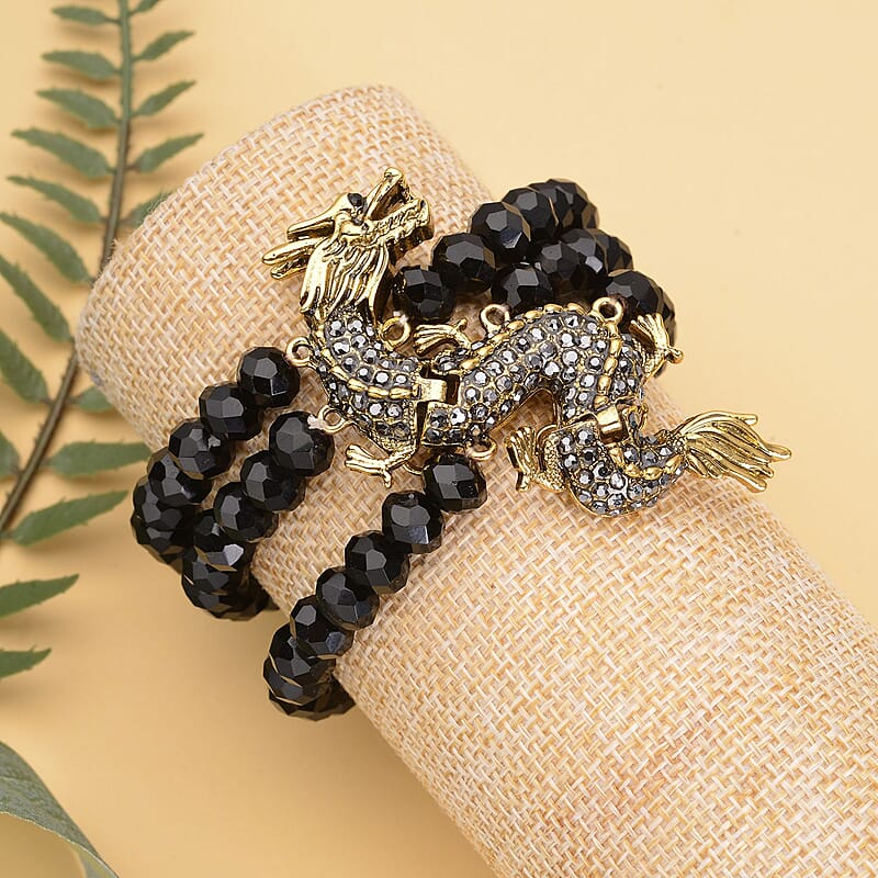Black Glass, Black and Gray Austrian Crystal Beaded Layered Dragon Bracelet in Goldtone (7.50 In)