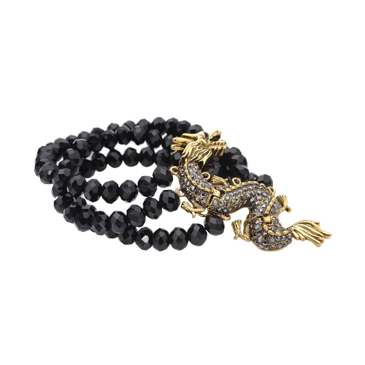 Black Glass, Black and Grey Austrian Crystal Beaded Layered Dragon Bracelet in Goldtone (7.50 In) image number 3