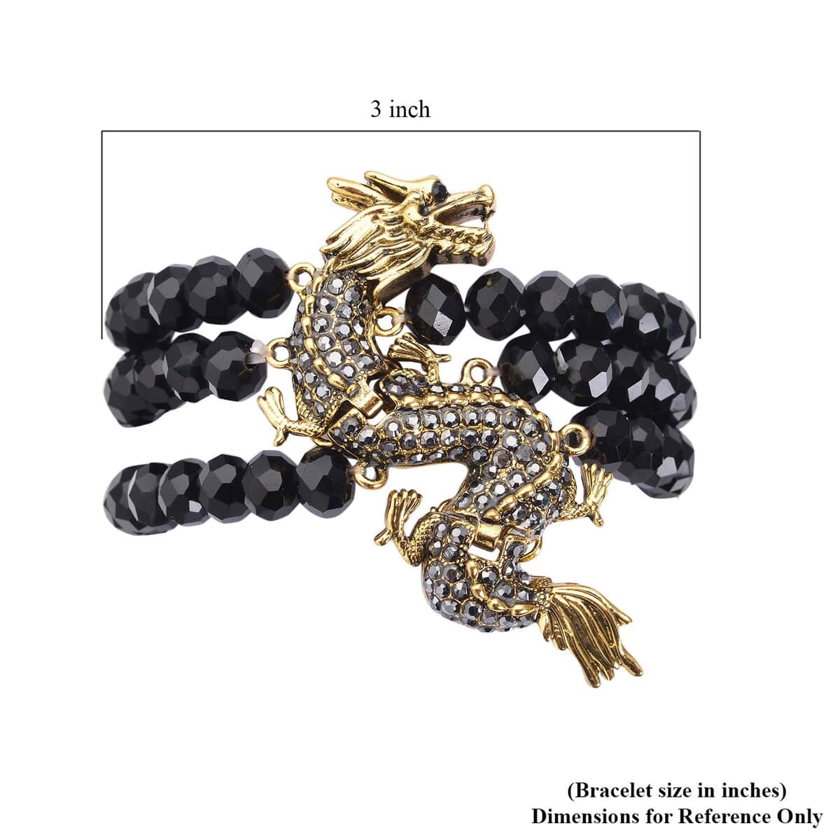 Black Glass, Black and Grey Austrian Crystal Beaded Layered Dragon Bracelet in Goldtone (7.50 In) image number 4