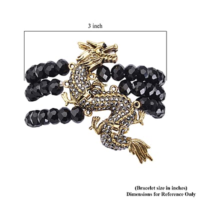 Black Glass, Black and Gray Austrian Crystal Beaded Layered Dragon Bracelet in Goldtone (7.50 In)