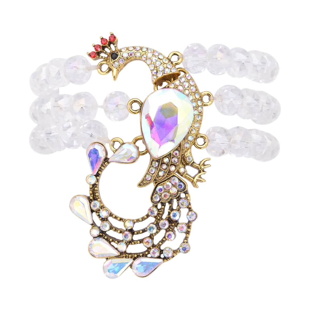 White Aurora Borealis Glass, Multi Color Austrian Crystal Beaded Layered Peacock Bracelet in Goldtone (7.50 In) image number 0