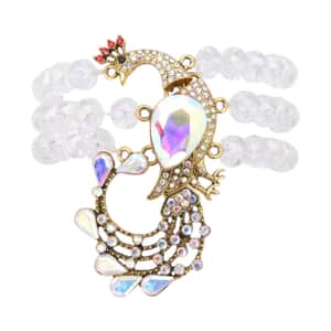 White Aurora Borealis Glass, Multi Color Austrian Crystal Beaded Layered Peacock Bracelet in Goldtone (7.50 In)