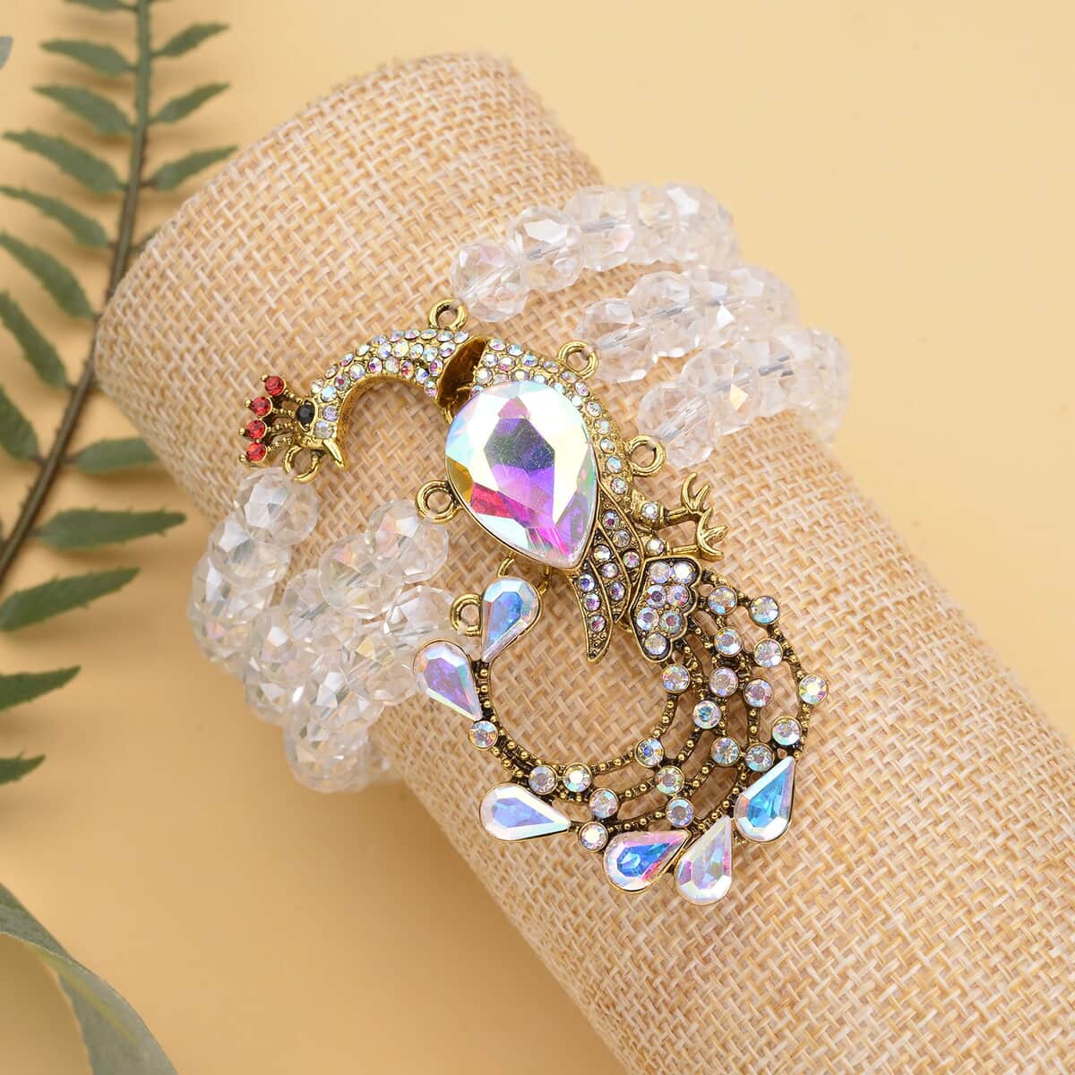 White Aurora Borealis Glass, Multi Color Austrian Crystal Beaded Layered Peacock Bracelet in Goldtone (7.50 In) image number 1