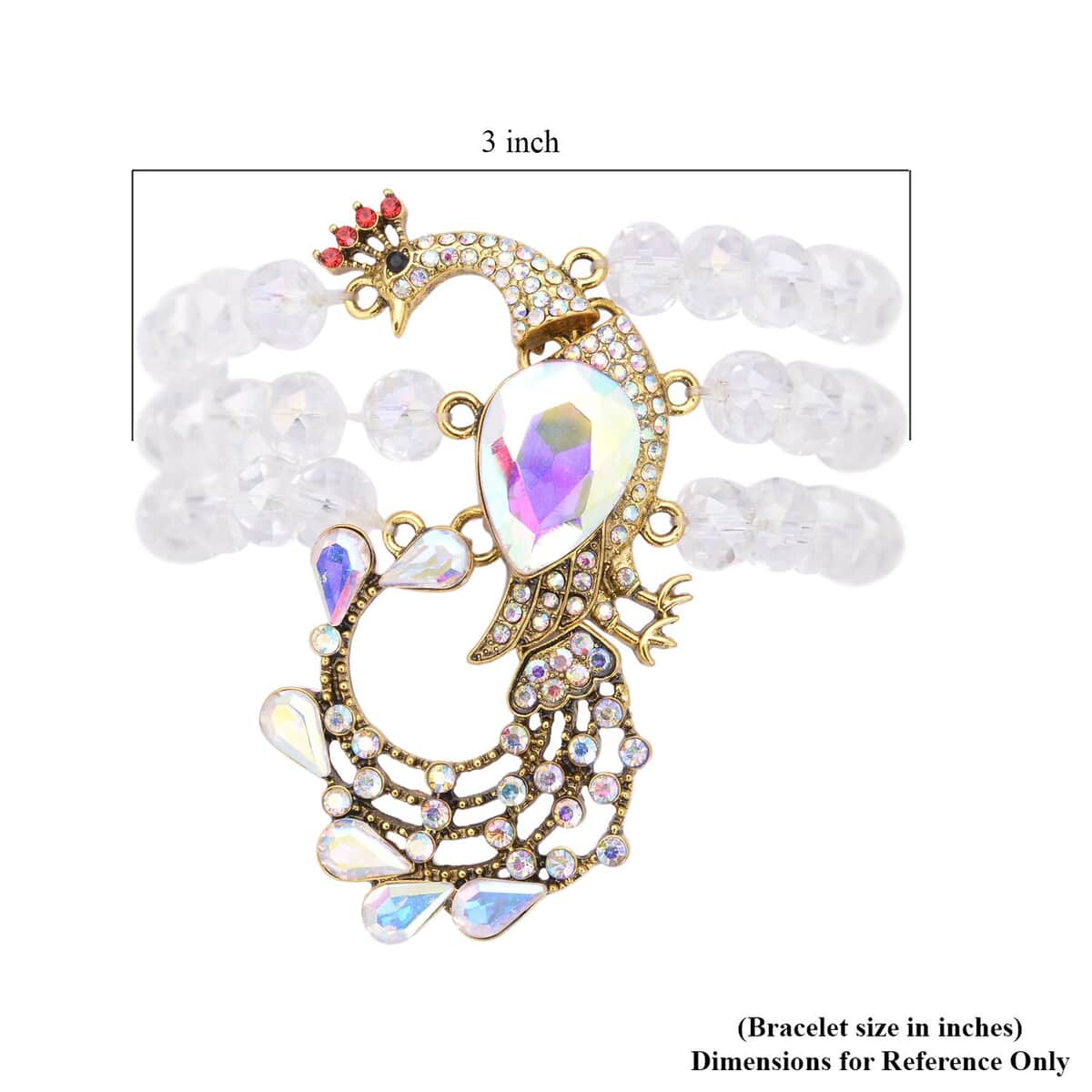 White Aurora Borealis Glass, Multi Color Austrian Crystal Beaded Layered Peacock Bracelet in Goldtone (7.50 In) image number 4