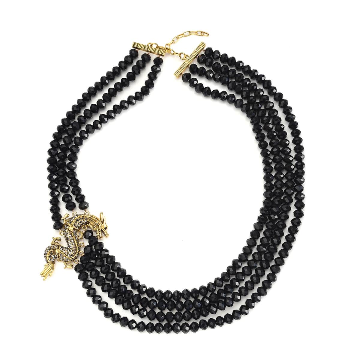 Black Glass, Black and Grey Austrian Crystal Beaded Multi Layered Dragon Necklace 20-22 Inches in Goldtone image number 0