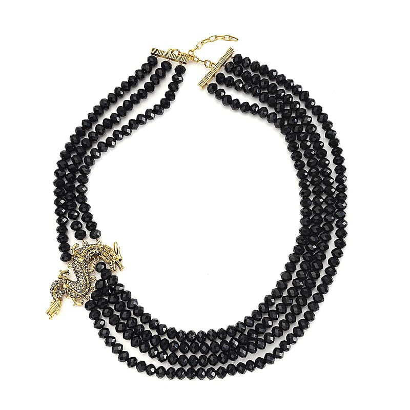 Black Glass, Black and Gray Austrian Crystal Beaded Multi Layered Dragon Necklace 20-22 Inches in Goldtone