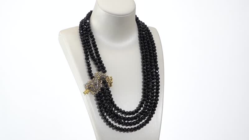 Black Glass, Black and Grey Austrian Crystal Beaded Multi Layered Dragon Necklace 20-22 Inches in Goldtone