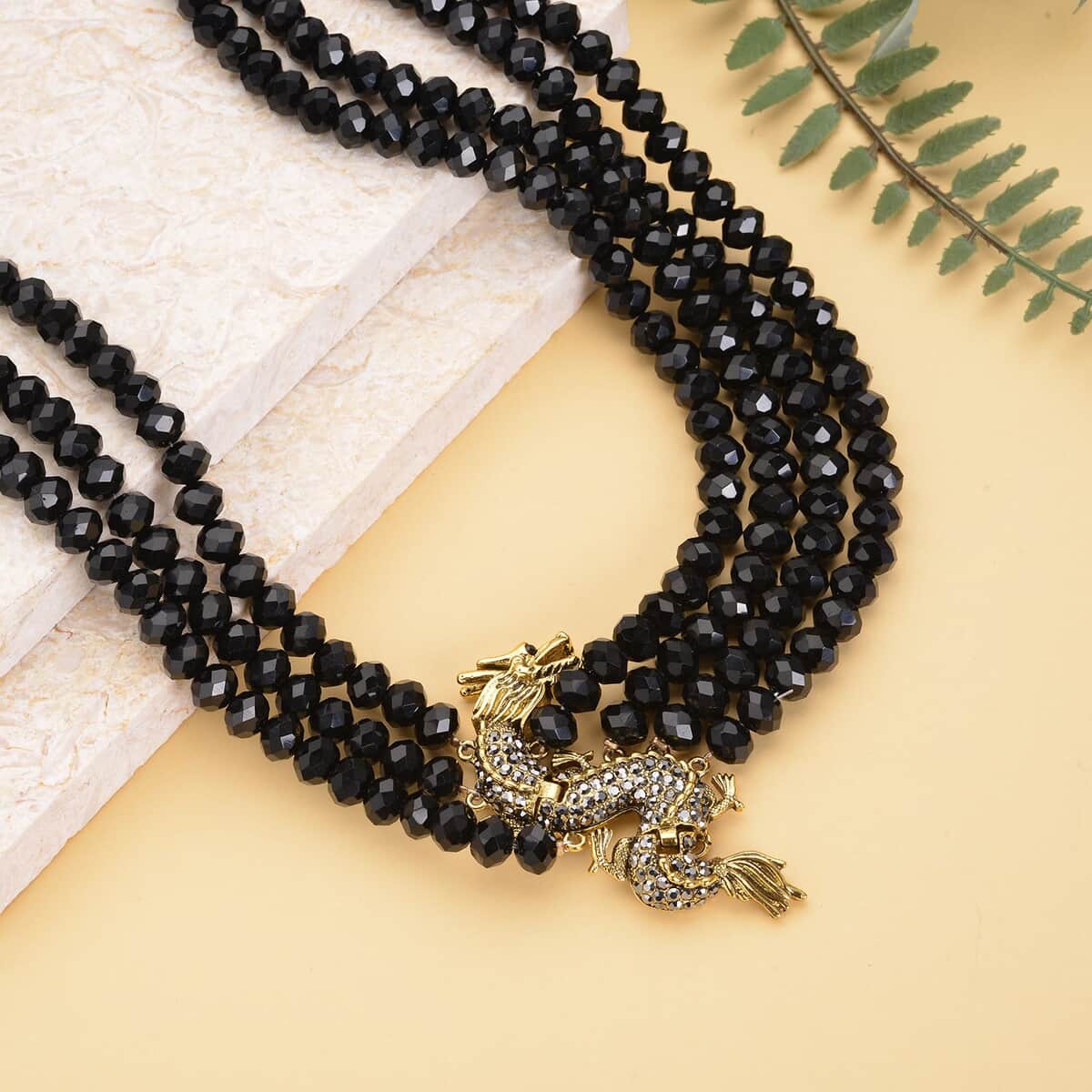 Black Glass, Black and Grey Austrian Crystal Beaded Multi Layered Dragon Necklace 20-22 Inches in Goldtone image number 1