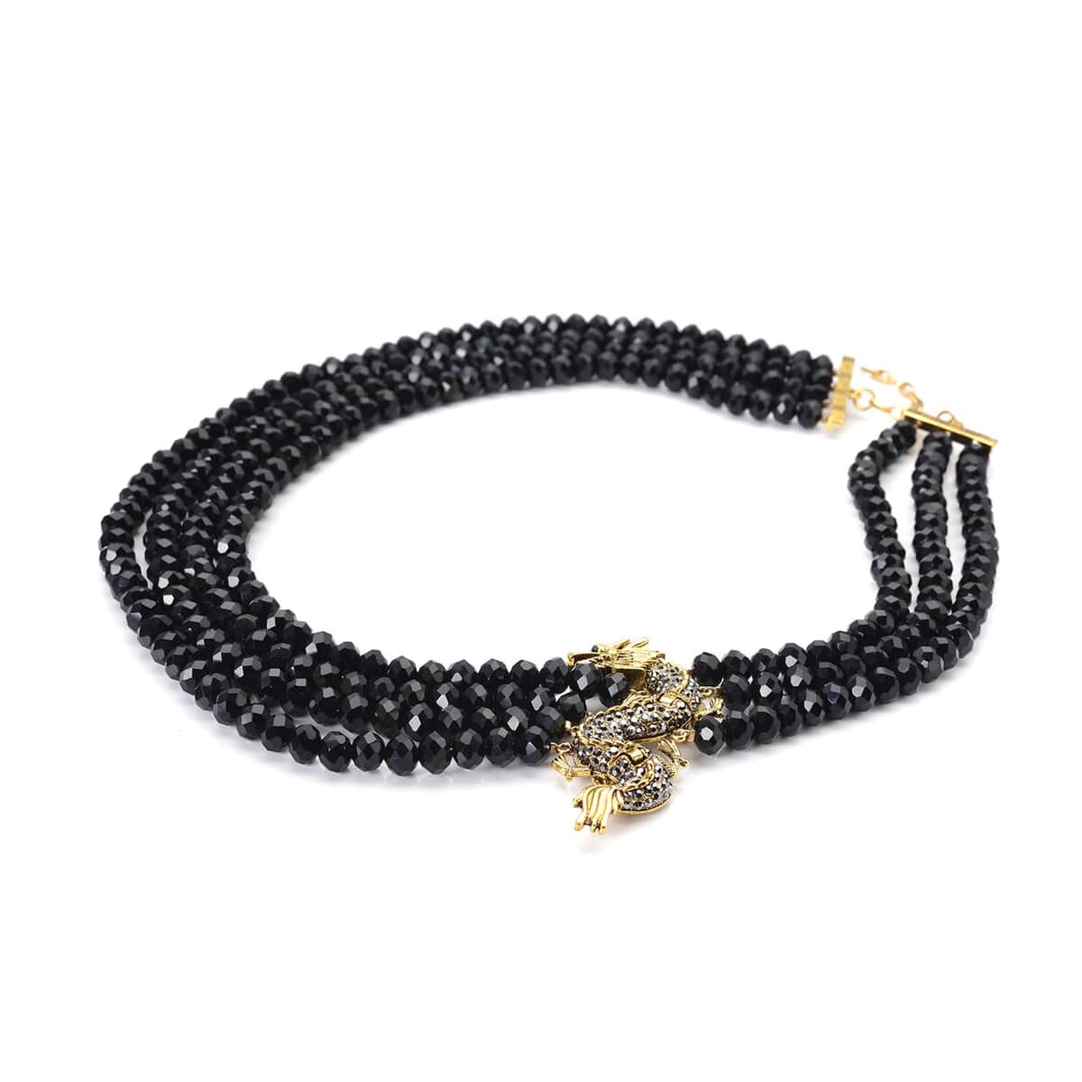 Black Glass, Black and Grey Austrian Crystal Beaded Multi Layered Dragon Necklace 20-22 Inches in Goldtone image number 2