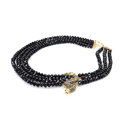 Black Glass, Black and Gray Austrian Crystal Beaded Multi Layered Dragon Necklace 20-22 Inches in Goldtone