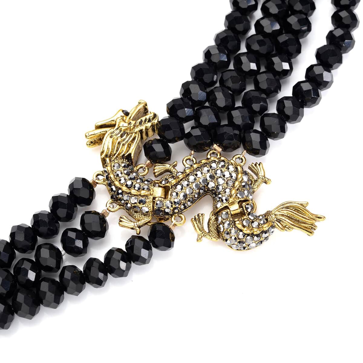 Black Glass, Black and Grey Austrian Crystal Beaded Multi Layered Dragon Necklace 20-22 Inches in Goldtone image number 3