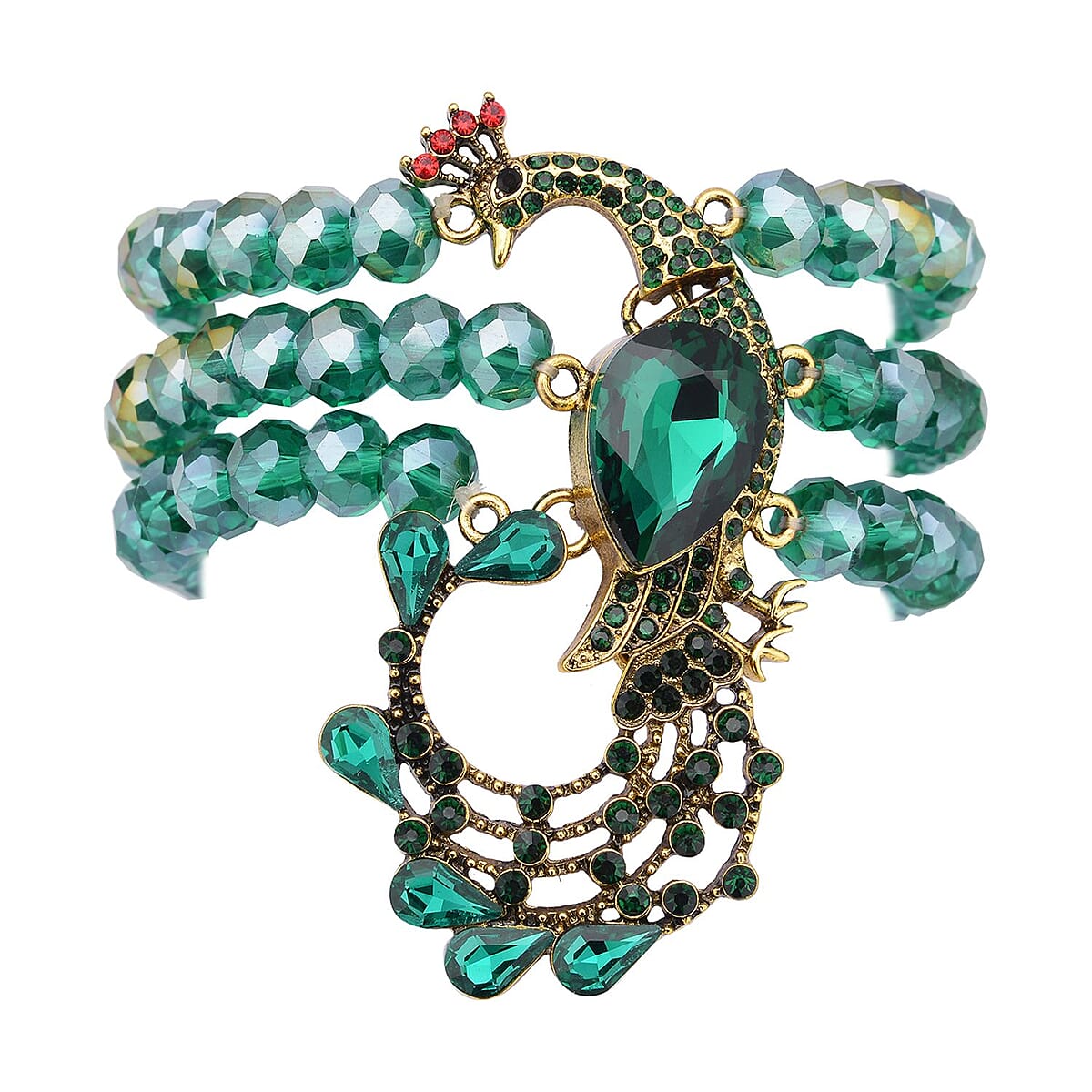 Green Glass, Multi Color Austrian Crystal Beaded Layered Peacock Bracelet in Goldtone (7.50 In) image number 0
