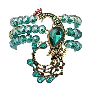 Green Glass, Multi Color Austrian Crystal Beaded Layered Peacock Bracelet in Goldtone (7.50 In)