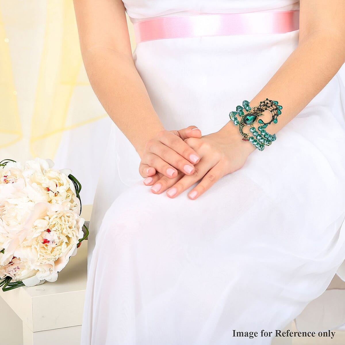 Green Glass, Multi Color Austrian Crystal Beaded Layered Peacock Bracelet in Goldtone (7.50 In) image number 2