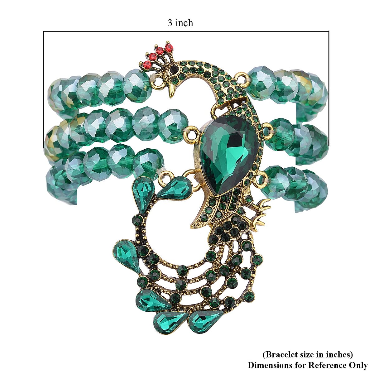 Green Glass, Multi Color Austrian Crystal Beaded Layered Peacock Bracelet in Goldtone (7.50 In) image number 4