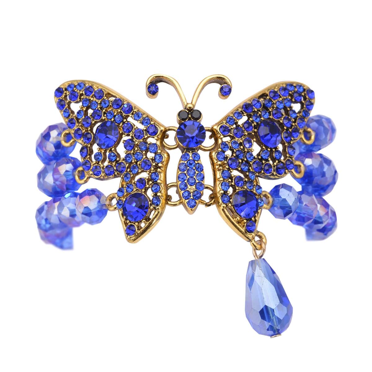 Blue Glass, Black and Blue Austrian Crystal Beaded Layered Butterfly Bracelet in Goldtone (7.50 In) image number 0
