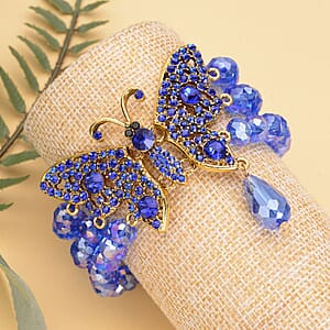 Blue Glass, Black and Blue Austrian Crystal Beaded Layered Butterfly Bracelet in Goldtone (7.50 In)