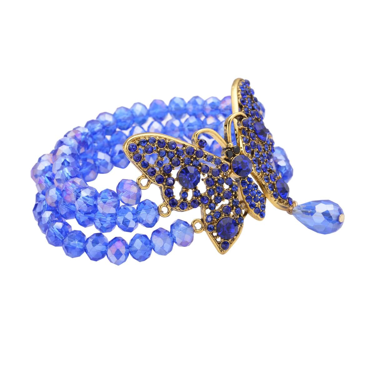 Blue Glass, Black and Blue Austrian Crystal Beaded Layered Butterfly Bracelet in Goldtone (7.50 In) image number 3
