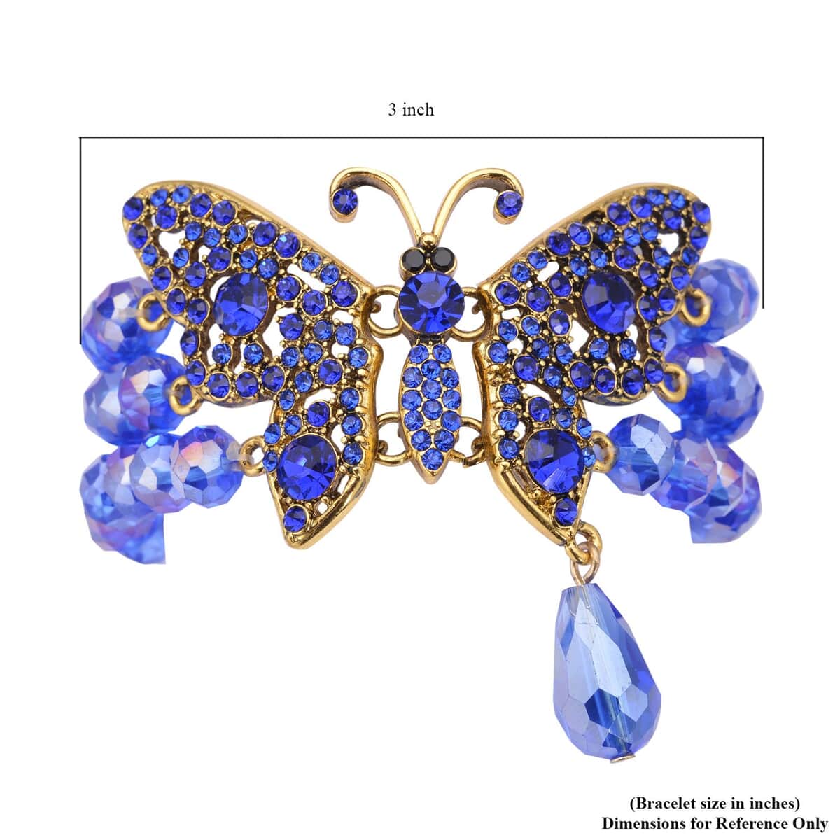 Blue Glass, Black and Blue Austrian Crystal Beaded Layered Butterfly Bracelet in Goldtone (7.50 In) image number 4