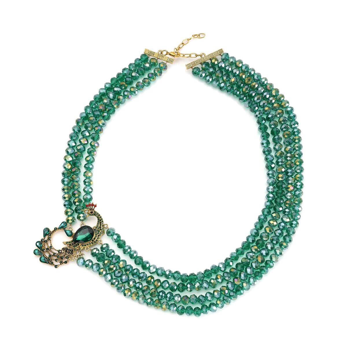 Green Glass and Multi Color Austrian Crystal Beaded Multi Layered Peacock Necklace in Goldtone 20-22 Inches image number 0