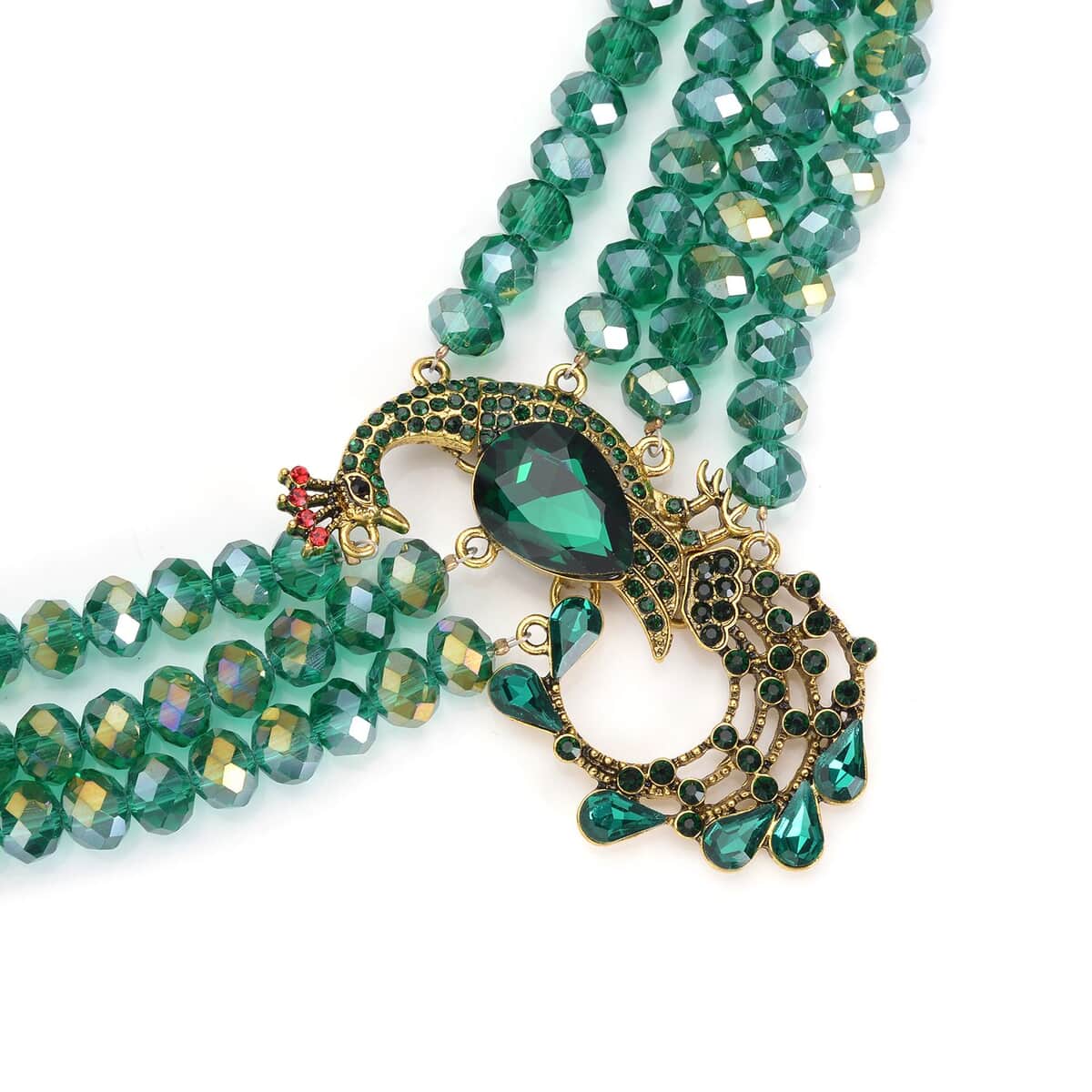 Green Glass and Multi Color Austrian Crystal Beaded Multi Layered Peacock Necklace in Goldtone 20-22 Inches image number 3