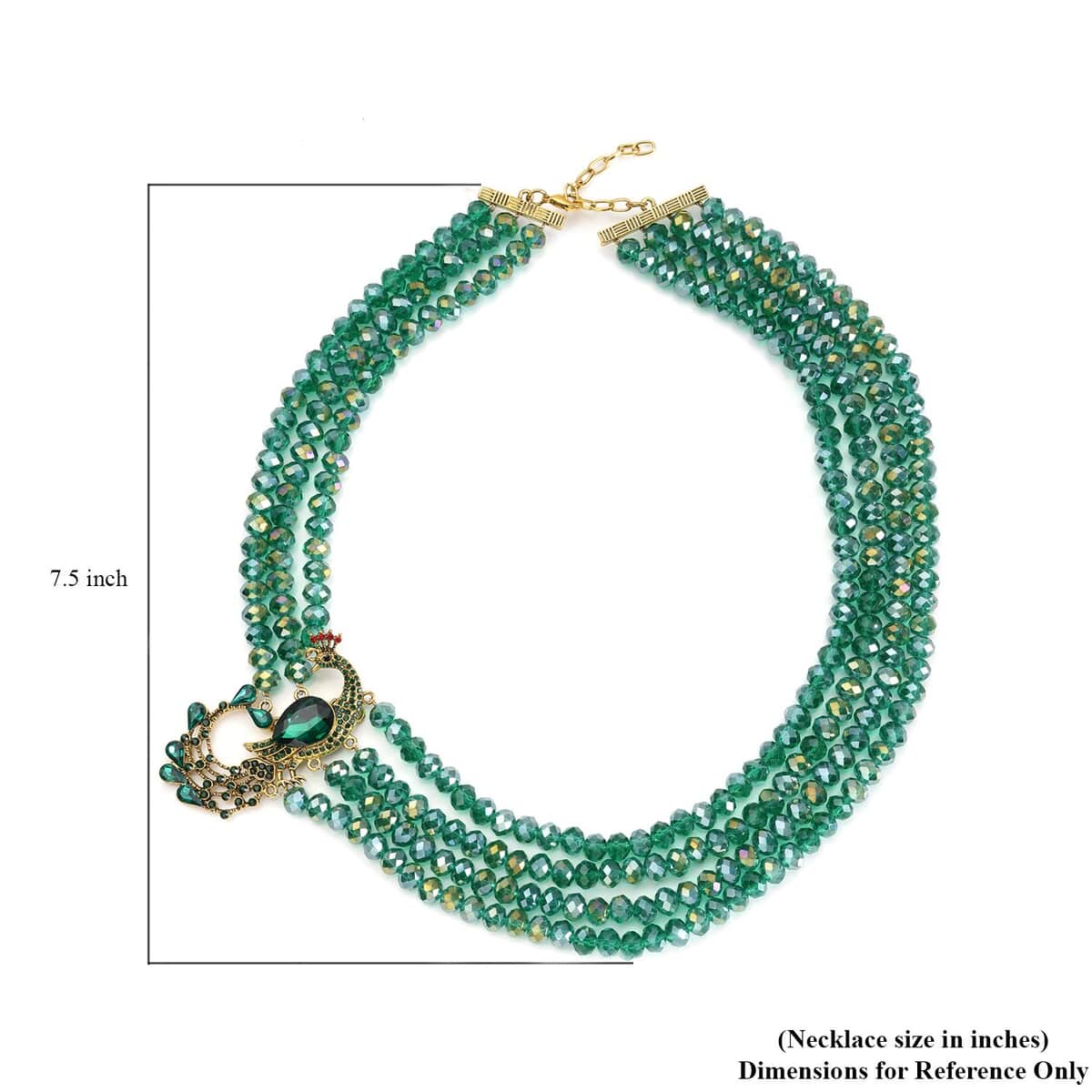 Green Glass and Multi Color Austrian Crystal Beaded Multi Layered Peacock Necklace in Goldtone 20-22 Inches image number 4