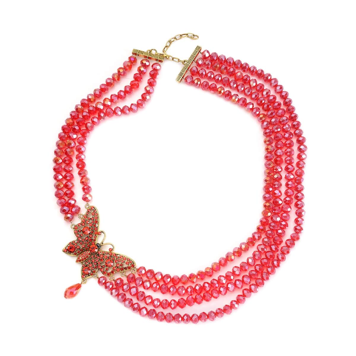 Red Glass, Red and Black Austrian Crystal Beaded Multi Layered Butterfly Necklace (20-22 Inches) in Goldtone image number 0