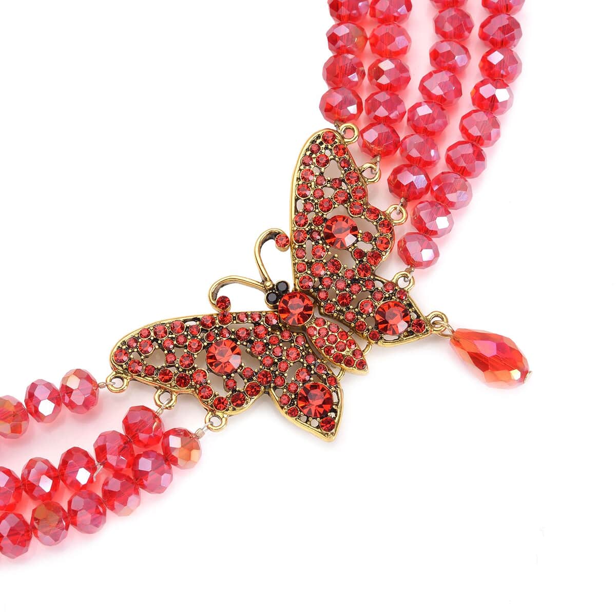 Red Glass, Red and Black Austrian Crystal Beaded Multi Layered Butterfly Necklace (20-22 Inches) in Goldtone image number 3