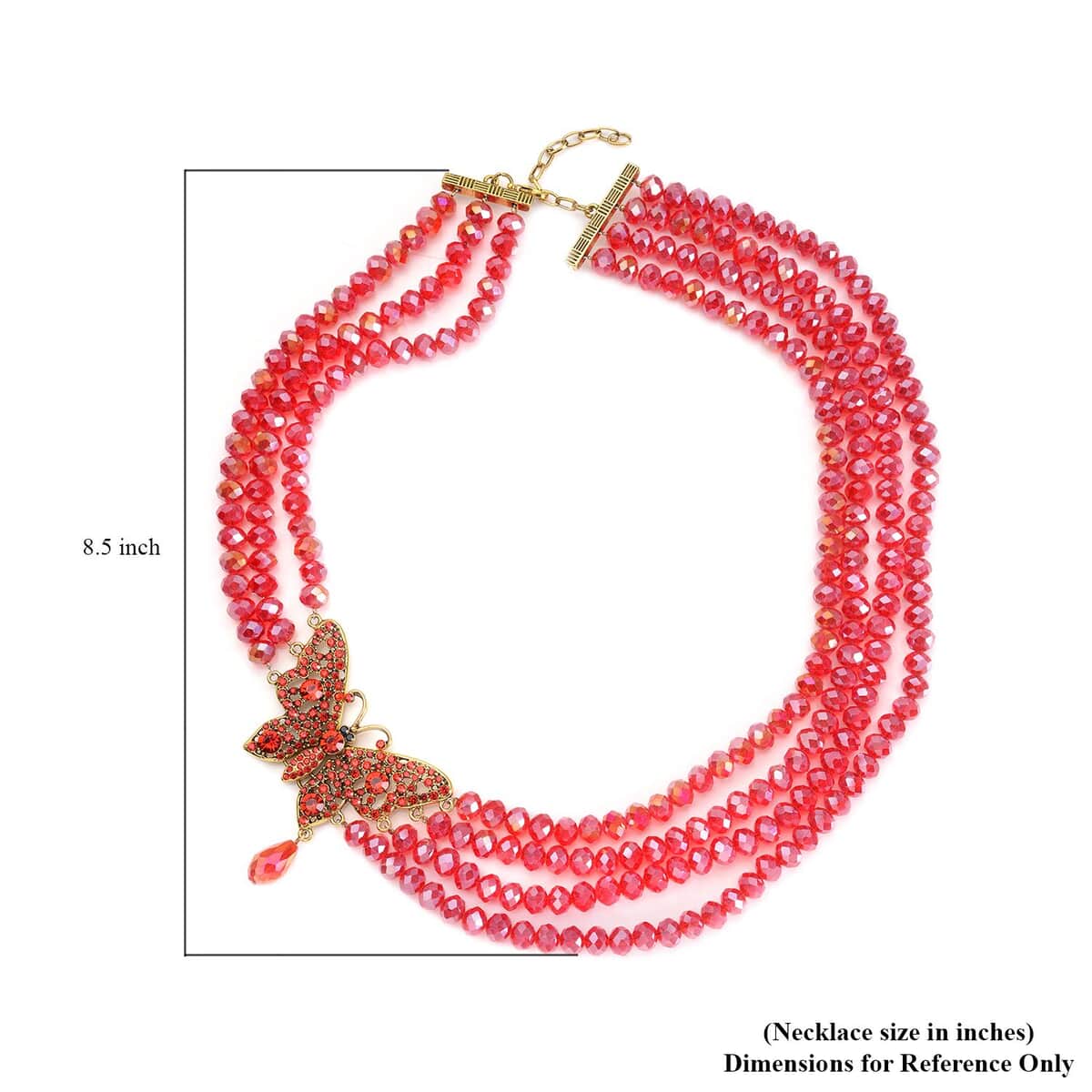 Red Glass, Red and Black Austrian Crystal Beaded Multi Layered Butterfly Necklace (20-22 Inches) in Goldtone image number 4