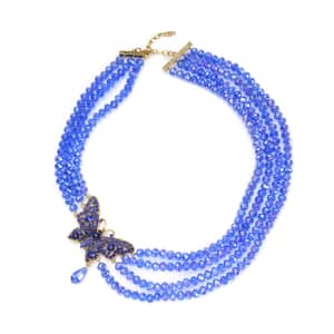 Blue Glass, Black and Blue Austrian Crystal Beaded Multi Layered Butterfly Necklace (20-22 Inches) in Goldtone