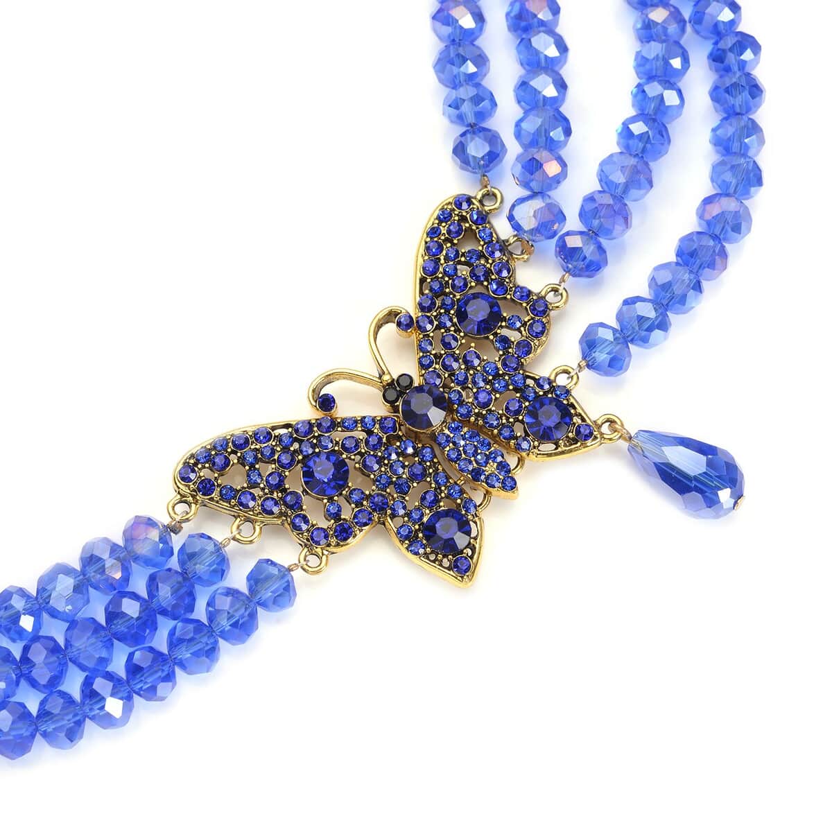 Blue Glass, Black and Blue Austrian Crystal Beaded Multi Layered Butterfly Necklace in Goldtone (20-22 Inches) image number 3