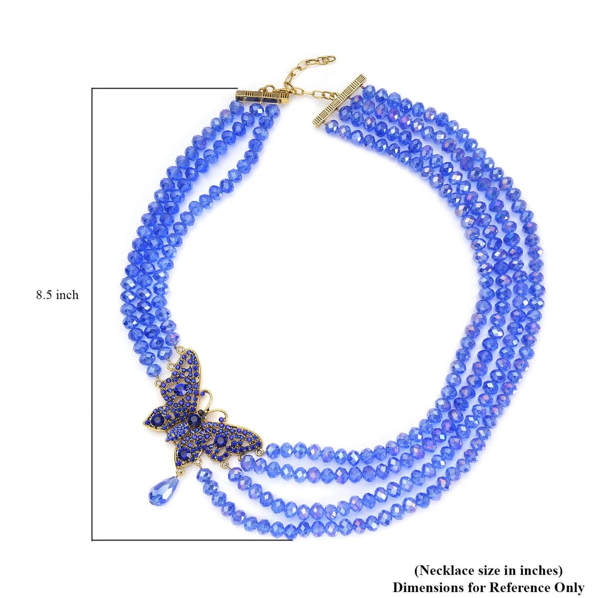 Blue Glass, Black and Blue Austrian Crystal Beaded Multi Layered Butterfly Necklace in Goldtone (20-22 Inches) image number 4