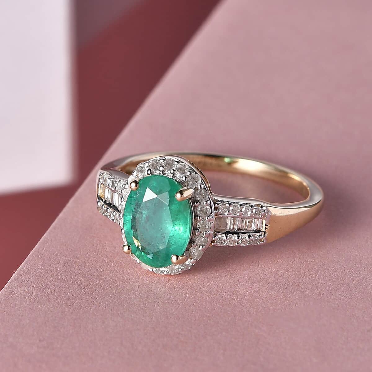Luxoro 10K Yellow Gold AAA Kagem Zambian Emerald and Diamond Halo Ring (Size 8.0) 1.50 ctw image number 1