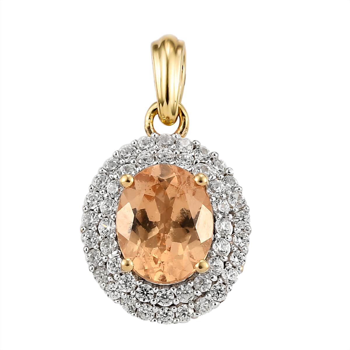 Ceylon Imperial Garnet and Natural White Zircon Double Halo Pendant in Vermeil Yellow Gold Over Sterling Silver 3.85 ctw image number 0
