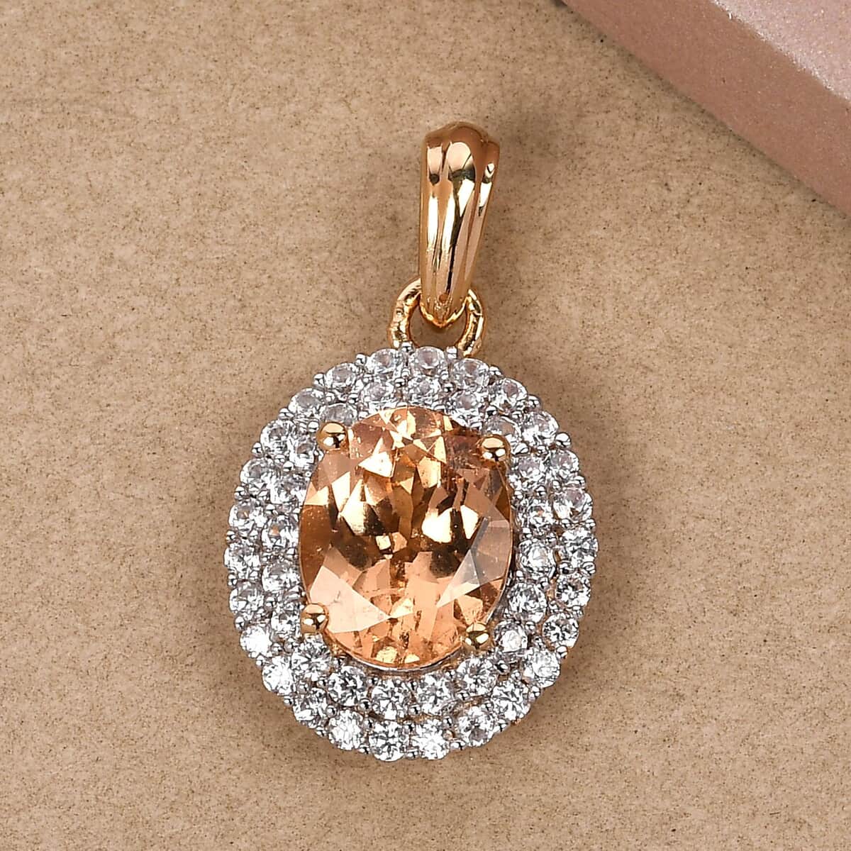 Ceylon Imperial Garnet and Natural White Zircon Double Halo Pendant in Vermeil Yellow Gold Over Sterling Silver 3.85 ctw image number 1