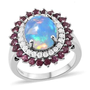 Premium Ethiopian Welo Opal and Multi Gemstone Cocktail Ring in Platinum Over Sterling Silver (Size 10.0) 3.85 ctw