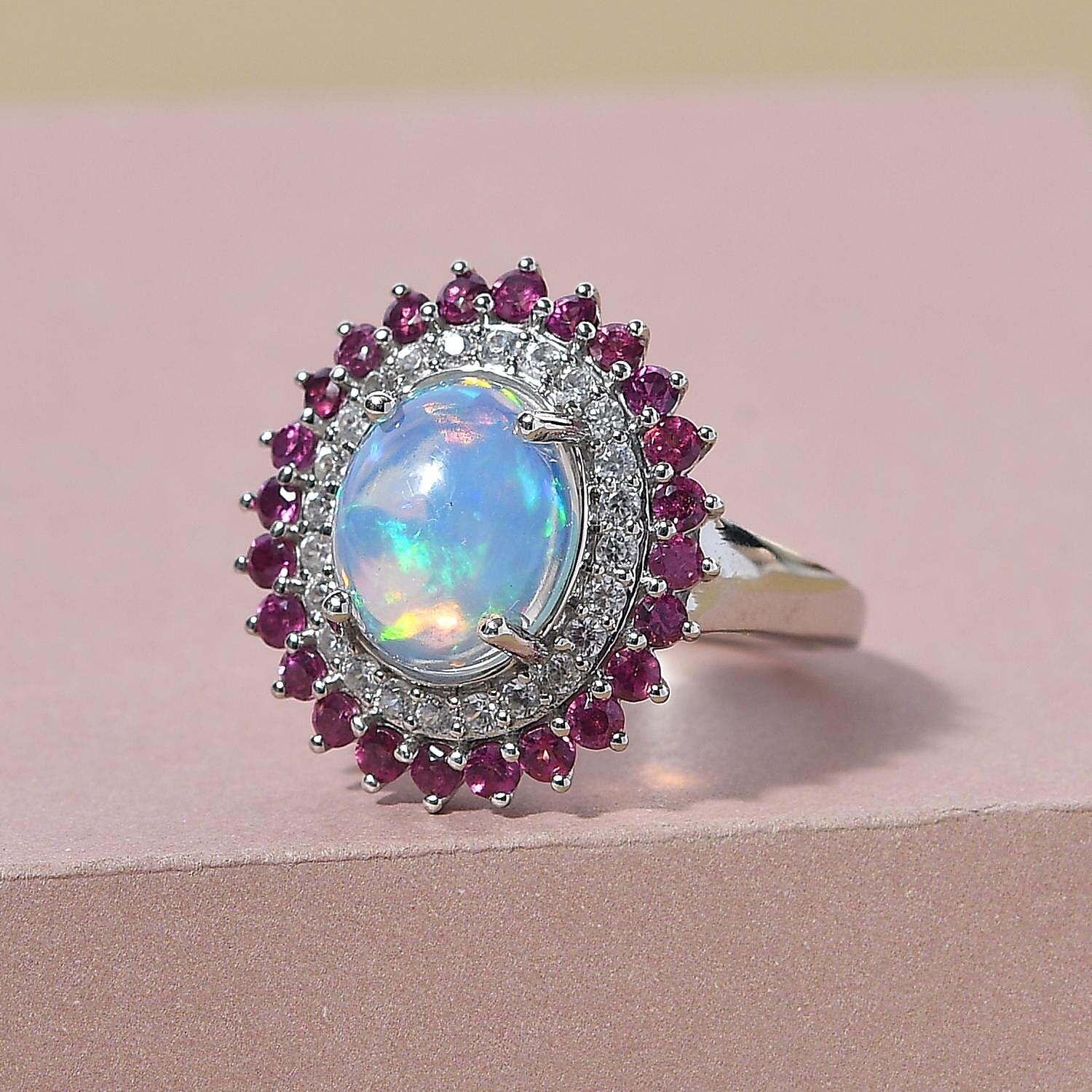 Premium Ethiopian Welo Opal and Multi Gemstone Cocktail Ring in Platinum Over Sterling Silver (Size 10.0) 3.85 ctw