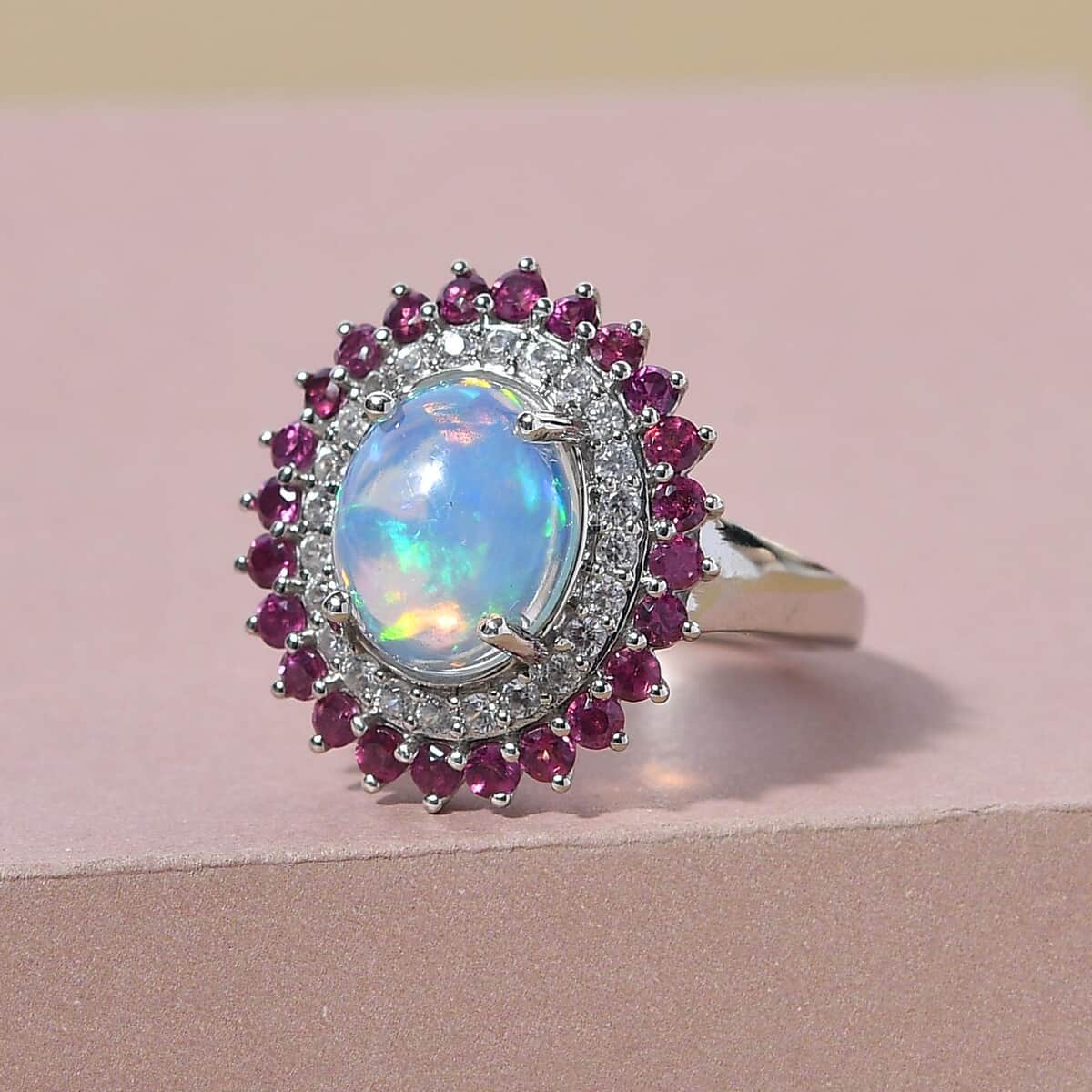 Premium Ethiopian Welo Opal and Multi Gemstone Cocktail Ring in Platinum Over Sterling Silver (Size 7.0) 3.85 ctw image number 1