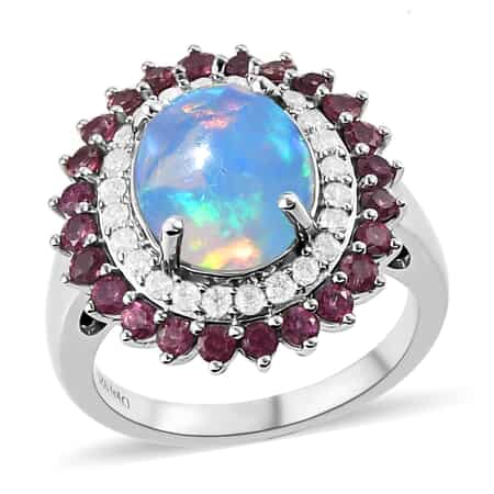 Premium Ethiopian Welo Opal and Multi Gemstone Cocktail Ring in Platinum Over Sterling Silver (Size 9.0) 3.85 ctw image number 0