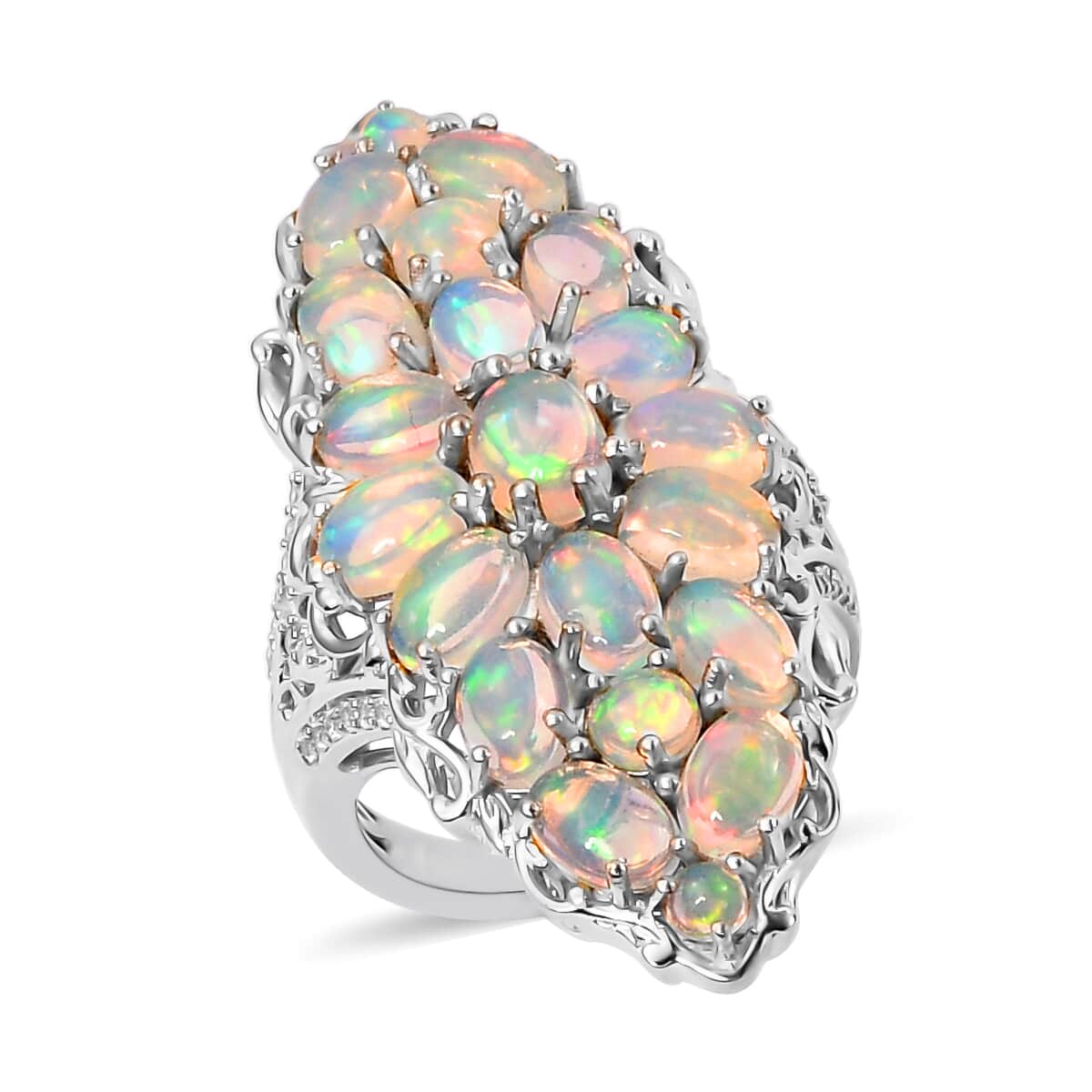 Premium Ethiopian Welo Opal and Natural White Zircon Elongated Ring in Vermeil YG and Platinum Over Sterling Silver (Size 6.0) 8.70 Grams 6.00 ctw image number 0